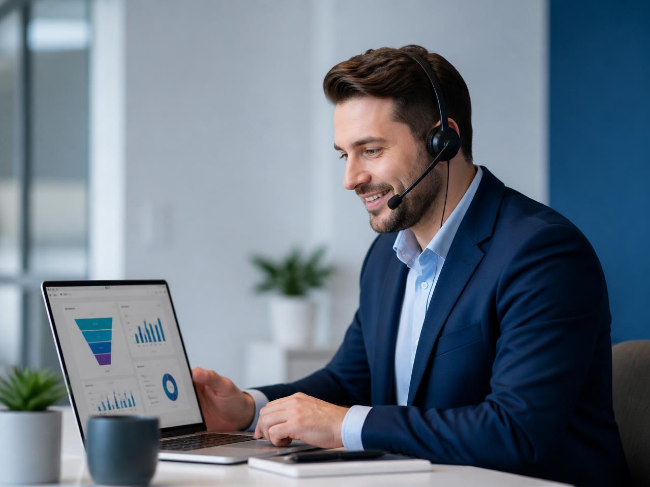 Insurance sales professional working from a laptop with a sales pipeline dashboard
